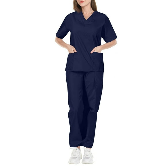 Scrub Sets for Woman Nursing Uniform Stretch Scrubs Top with Pockets Soft Solid Stretch Workwear Navy XXL