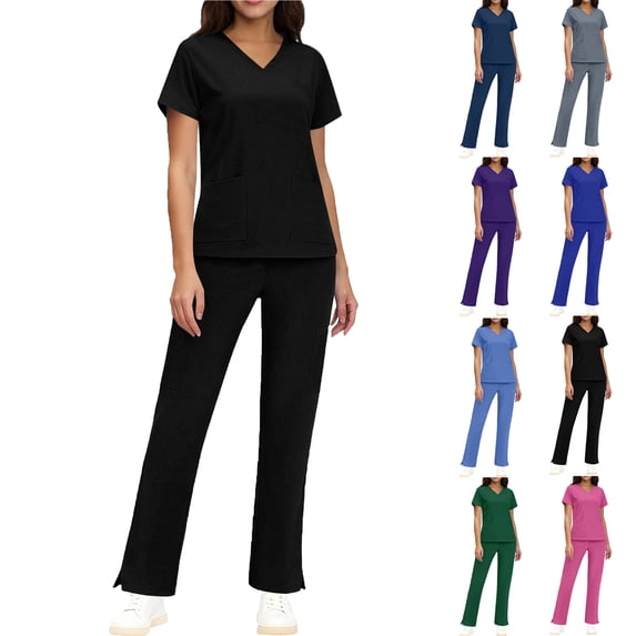 Scrub Sets for Woman Plus Size Short Sleeve V-Neck Solid Color Nursing Medical Uniform Top and Pants 2 Pieces with Pockets Black XL