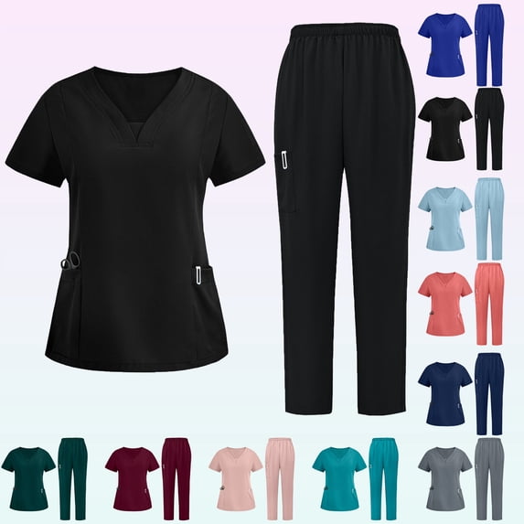Scrub Sets for Woman Plus Size Short Sleeve V-Neck Solid Color Nursing Medical Uniform Top and Pants 2 Pieces with Pockets