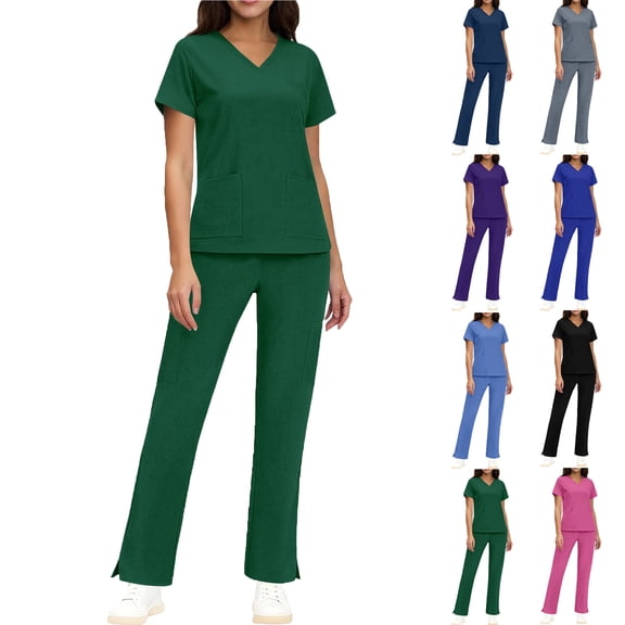 Scrub Sets for Woman Plus Size Short Sleeve V-Neck Solid Color Nursing Medical Uniform Top and Pants 2 Pieces with Pockets Green XXL