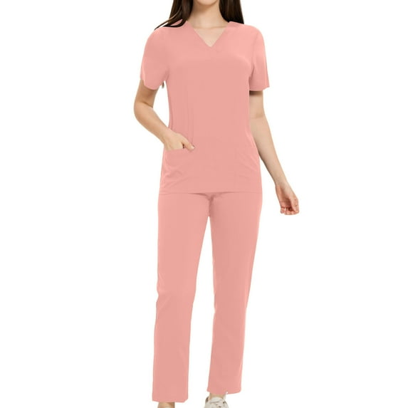 Scrub Sets for Woman Plus Size Short Sleeve V-Neck Solid Color Nursing Medical Uniform Top and Pants 2 Pieces with Pockets Orange L