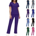 thumbnail image 1 of Scrub Sets for Woman Plus Size Short Sleeve V-Neck Solid Color Nursing Medical Uniform Top and Pants 2 Pieces with Pockets Purple M, 1 of 8