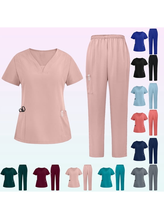 Scrub Sets for Woman Plus Size Short Sleeve V-Neck Solid Color Nursing Medical Uniform Top and Pants 2 Pieces with Pockets