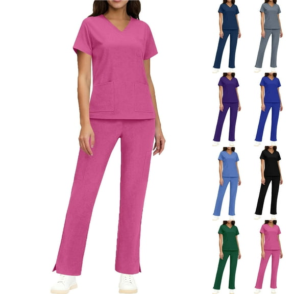Scrub Sets for Woman Plus Size Short Sleeve V-Neck Solid Color Nursing Medical Uniform Top and Pants 2 Pieces with Pockets Hot Pink XXL