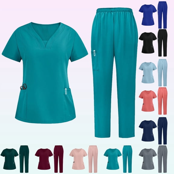 Scrub Sets for Woman Plus Size Short Sleeve V-Neck Solid Color Nursing Medical Uniform Top and Pants 2 Pieces with Pockets