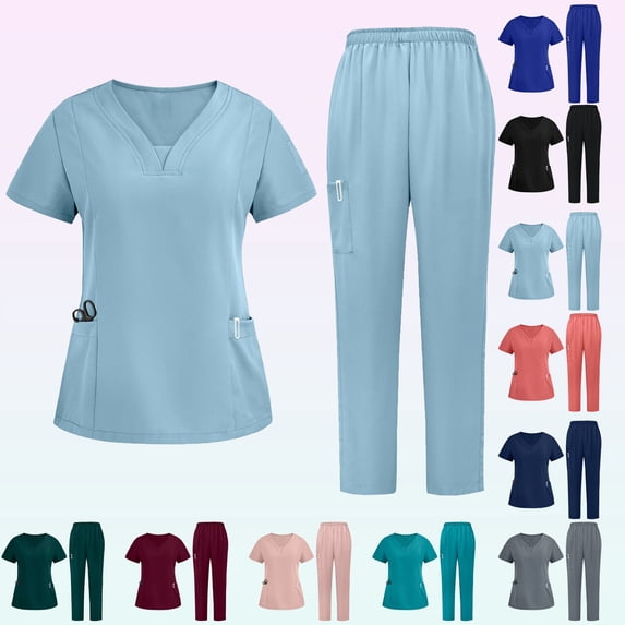Scrub Sets for Woman Plus Size Short Sleeve V-Neck Solid Color Nursing Medical Uniform Top and Pants 2 Pieces with Pockets