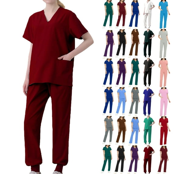 Scrub Sets for Woman Plus Size Short Sleeve V-Neck Solid Color Nursing Uniform Tops and Pants 2 Pieces with Pockets