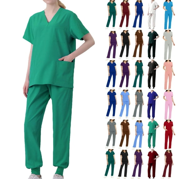 Scrub Sets for Woman Plus Size Short Sleeve V-Neck Solid Color Nursing Uniform Tops and Pants 2 Pieces with Pockets