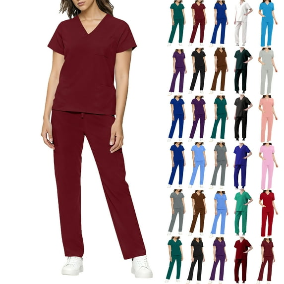 Scrub Sets for Woman Plus Size Short Sleeve V-Neck Solid Color Nursing Uniform Tops and Pants 2 Pieces with Pockets