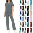 thumbnail image 1 of Scrub Sets for Woman Plus Size Short Sleeve V-Neck Solid Color Nursing Uniform Tops and Pants 2 Pieces with Pockets, 1 of 8