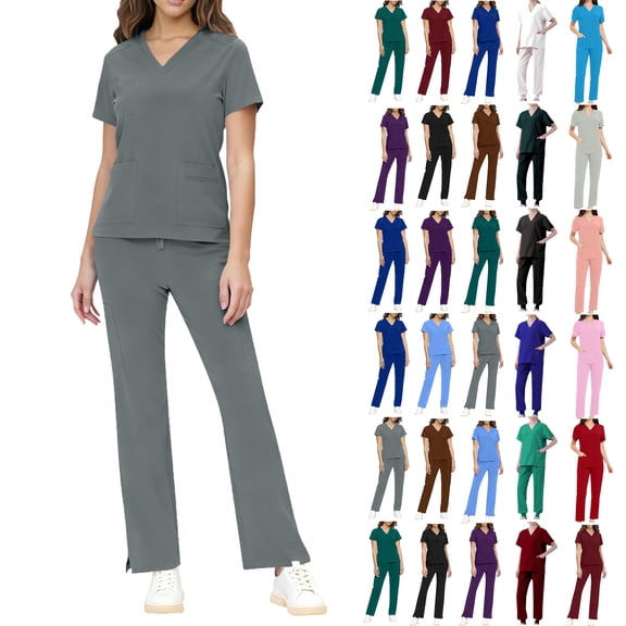 Scrub Sets for Woman Plus Size Short Sleeve V-Neck Solid Color Nursing Uniform Tops and Pants 2 Pieces with Pockets