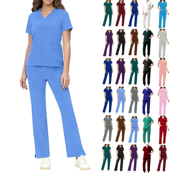 Scrub Sets for Woman Plus Size Short Sleeve V-Neck Solid Color Nursing Uniform Tops and Pants 2 Pieces with Pockets