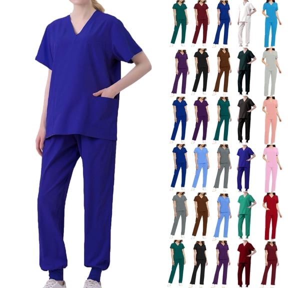 Scrub Sets for Woman Plus Size Short Sleeve V-Neck Solid Color Nursing Uniform Tops and Pants 2 Pieces with Pockets
