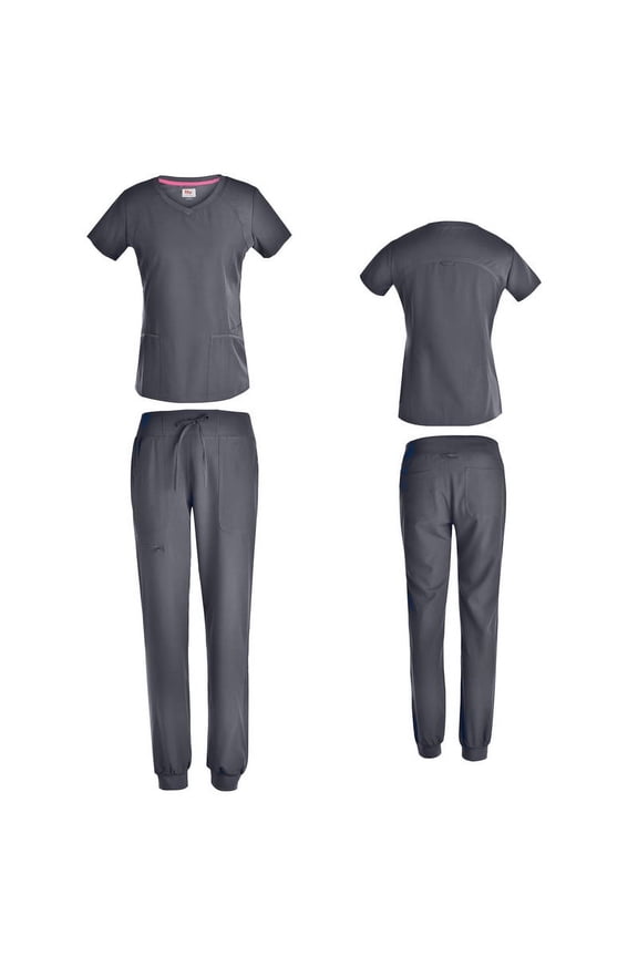 Women's Stretch Scrub Set with Jogger pants with 7 Pockets Pewter Small