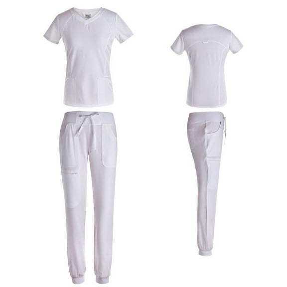 Beverly Hills Uniforms Women's Stretch Scrub Set with Jogger pants with 7 Pockets White X-Small