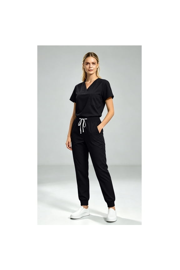 Scrub Sets for Woman Solid Color V-Neck Short Sleeve Long Pants Nurse Uniform with Pock Black L