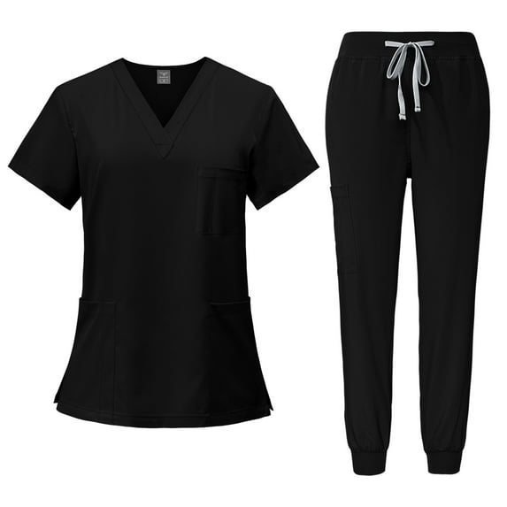 Scrub Sets for Woman Solid Color V-Neck Short Sleeve Long Pants Nurse Uniform with Pock Black L