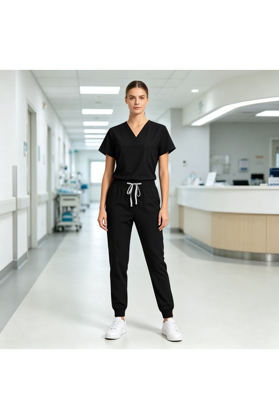 Scrub Sets for Woman Solid Color V-Neck Short Sleeve Long Pants Nurse Uniform with Pock Black M