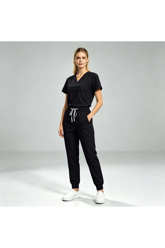 Scrub Sets for Woman Solid Color V-Neck Short Sleeve Long Pants Nurse Uniform with Pock Black S