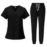 WOSHIMEINV Scrub Sets for Woman Solid Color V-Neck Short Sleeve Long Pants Nurse Uniform with Pock Black S