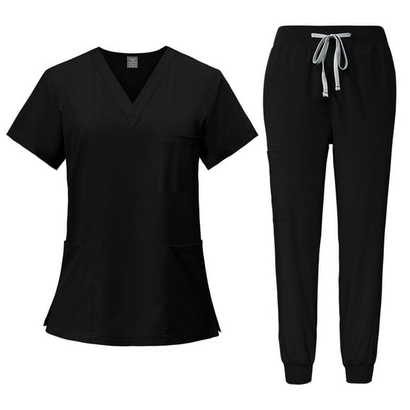 Scrub Sets for Woman Solid Color V-Neck Short Sleeve Long Pants Nurse Uniform with Pock Black S