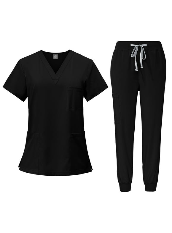 Scrub Sets for Woman Solid Color V-Neck Short Sleeve Long Pants Nurse Uniform with Pock Black S