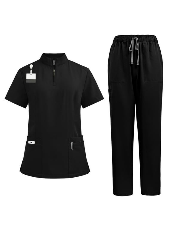 Scrub Sets for Woman Solid Color V-Neck Short Sleeve Long Pants Nurse Uniform with Pock Black XL