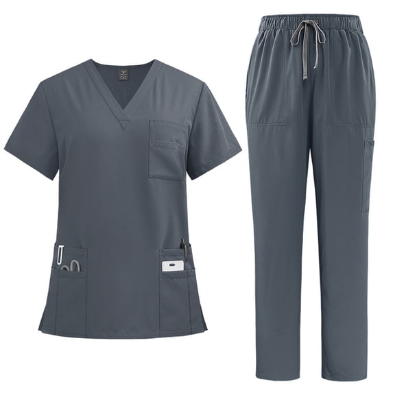 Scrub Sets for Woman Solid Color V-Neck Short Sleeve Long Pants Nurse Uniform with Pock Dark Gray XXL