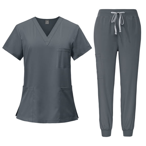 Scrub Sets for Woman Solid Color V-Neck Short Sleeve Long Pants Nurse Uniform with Pock Gray L