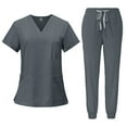 thumbnail image 1 of Scrub Sets for Woman Solid Color V-Neck Short Sleeve Long Pants Nurse Uniform with Pock Gray M, 1 of 5