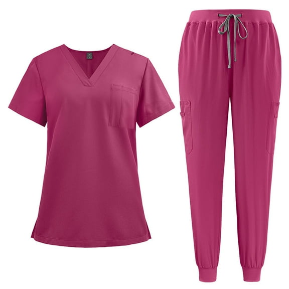 Scrub Sets For Woman V-Neck Short Sleeve Solid Color Nursing Uniforms with Pockets Hot Pink XL