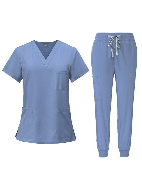 Scrub Sets for Woman Solid Color V-Neck Short Sleeve Long Pants Nurse Uniform with Pock Light Blue L