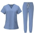thumbnail image 1 of Scrub Sets for Woman Solid Color V-Neck Short Sleeve Long Pants Nurse Uniform with Pock Light Blue M, 1 of 5