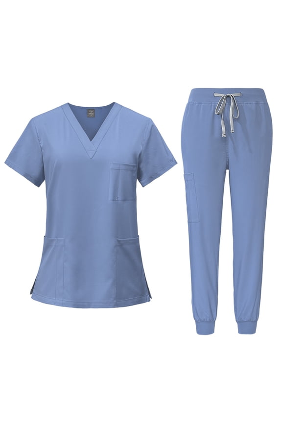 Scrub Sets for Woman Solid Color V-Neck Short Sleeve Long Pants Nurse Uniform with Pock Light Blue XL