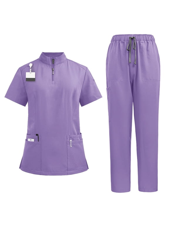 Scrub Sets for Woman Solid Color V-Neck Short Sleeve Long Pants Nurse Uniform with Pock Light Purple L