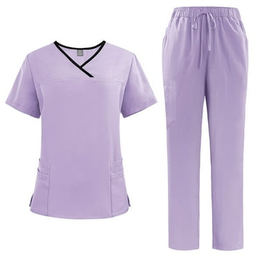 Scrub Sets for Woman Solid Color V-Neck Short Sleeve Long Pants Nurse Uniform with Pock Light Purple M