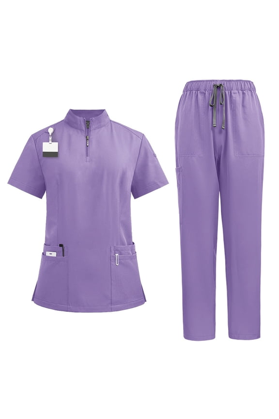 Scrubs Set For Women V-Neck Short Sleeve Solid Color Nursing Uniforms with Pockets Light Purple S