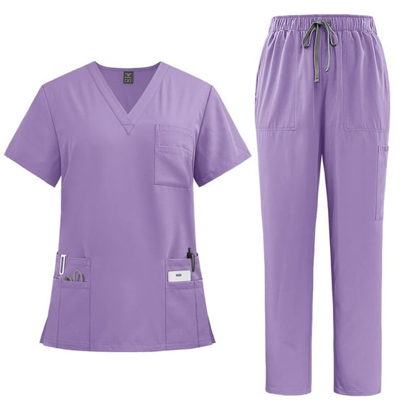 Scrub Sets for Woman Solid Color V-Neck Short Sleeve Long Pants Nurse Uniform with Pock Light Purple XL