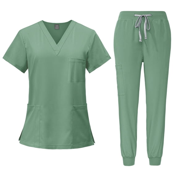 Scrub Sets for Woman Solid Color V-Neck Short Sleeve Long Pants Nurse Uniform with Pock Mint Green L