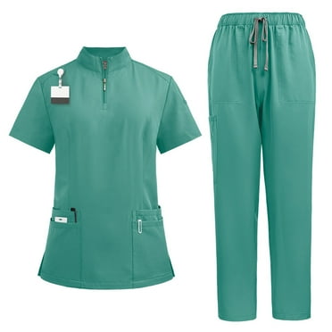 Scrub Sets for Woman Solid Color V-Neck Short Sleeve Long Pants Nurse Uniform with Pock Mint Green XL
