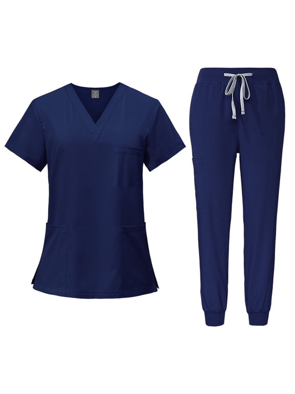 Scrub Sets for Woman Solid Color V-Neck Short Sleeve Long Pants Nurse Uniform with Pock Navy 2XL