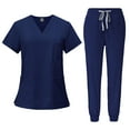 thumbnail image 1 of Scrub Sets for Woman Solid Color V-Neck Short Sleeve Long Pants Nurse Uniform with Pock Navy L, 1 of 5