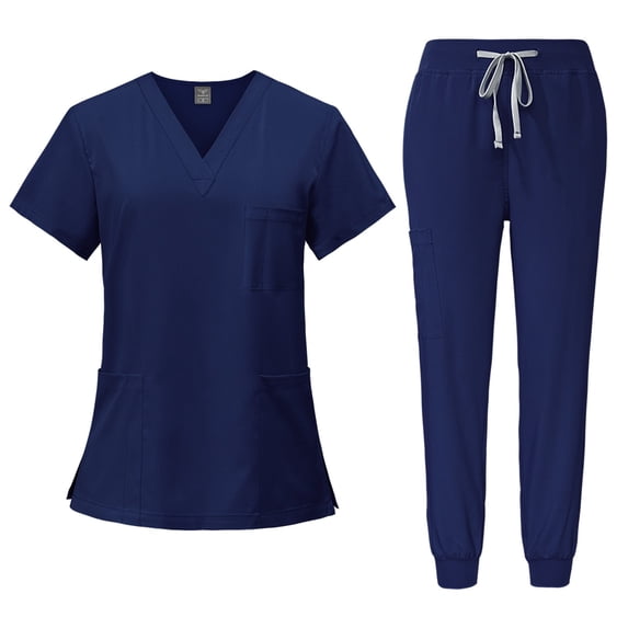 Scrub Sets for Woman Solid Color V-Neck Short Sleeve Long Pants Nurse Uniform with Pock Navy L