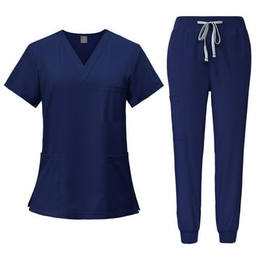 Scrub Sets for Woman Solid Color V-Neck Short Sleeve Long Pants Nurse Uniform with Pock Navy XL