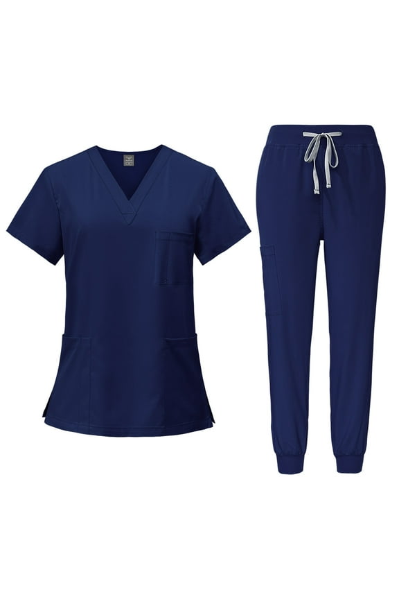 Scrub Sets for Woman Solid Color V-Neck Short Sleeve Long Pants Nurse Uniform with Pock Navy XXL