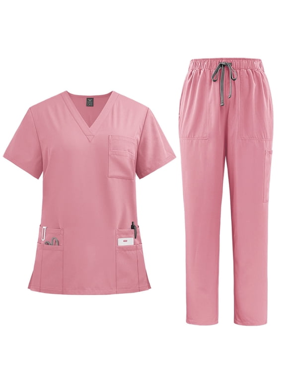 Scrub Sets for Woman Solid Color V-Neck Short Sleeve Long Pants Nurse Uniform with Pock Pink L