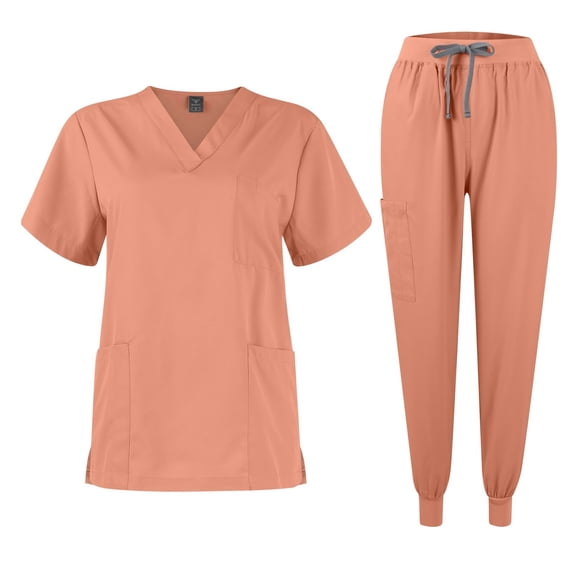 Scrub Sets for Woman Solid Color V-Neck Short Sleeve Long Pants Nurse Uniform with Pock Pink S