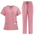 thumbnail image 1 of Scrub Sets for Woman Solid Color V-Neck Short Sleeve Long Pants Nurse Uniform with Pock Pink XL, 1 of 2