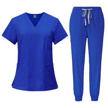 Scrub Sets for Woman Solid Color V-Neck Short Sleeve Long Pants Nurse Uniform with Pock Royal Blue M