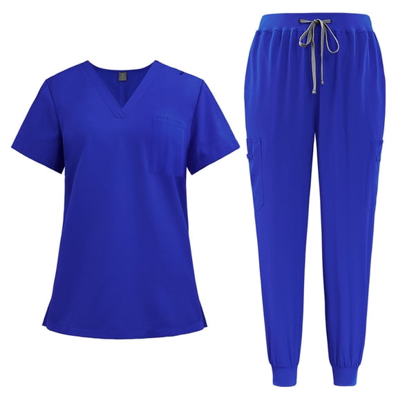 Scrub Set Women,Women Stretch Collar Neck Solid Color Scrub Top & Yogga Cargo Pants Yogga Waistband Royal Blue Xxl